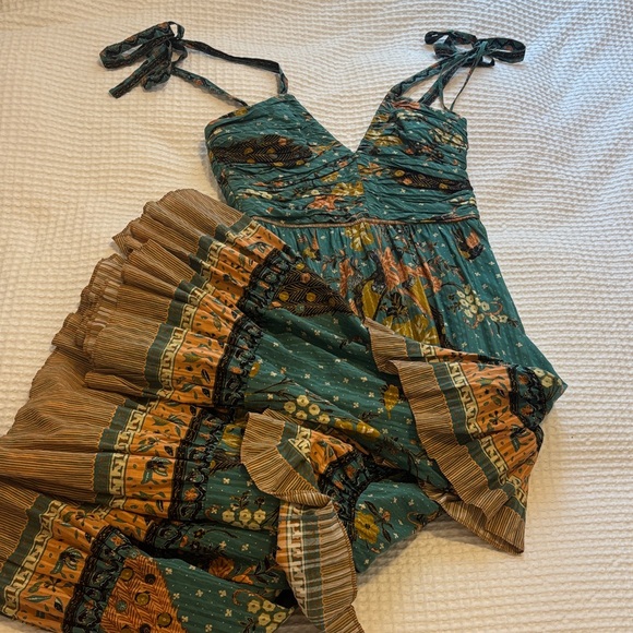 Ulla Johnson Dresses & Skirts - Ulla Johnson Teal Floral Tiered Maxi Dress with Mustard & Brown Trim